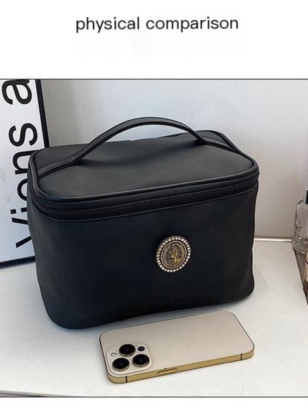 Elegant Black Women's Vanity Bag with Decorative Medallion - Picture 4 of 13